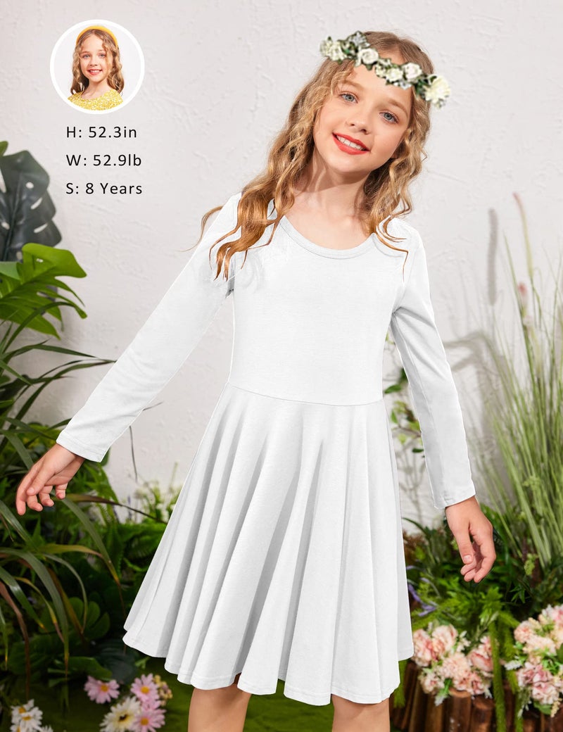 Arshiner Girls Long Sleeve Stretchy Dress A line Twirly Skater School Party Dress White Tween 10 Years - Image 2